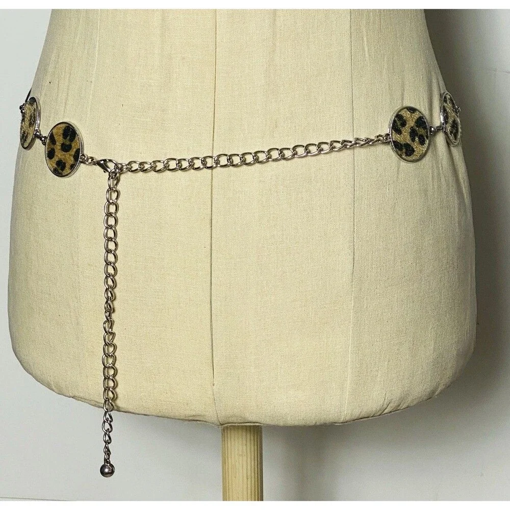 Vintage Faux Fur Leopard Silver Belt 41” Long